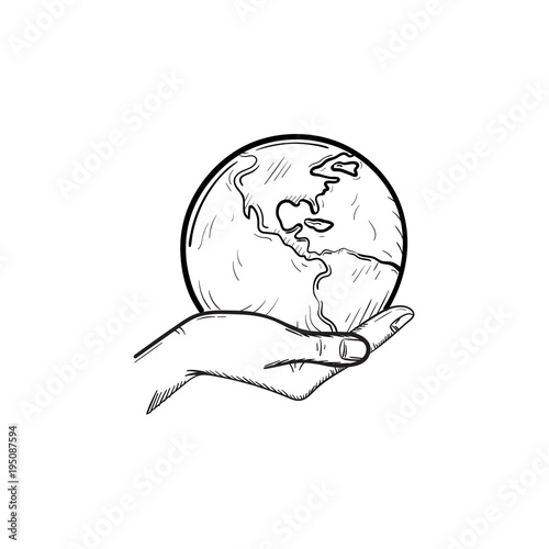 Hand holding the globe hand drawn outline doodle icon. Ecology care and eco friendly concept. Palm with world vector sketch illustration for print, mobile and infographics isolated on white background
