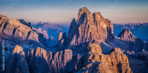 Dolomites mountain peaks evening glow at sunset, South Tyrol, Italy