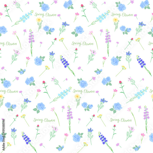 青いバラと草花 シームレスパターン 