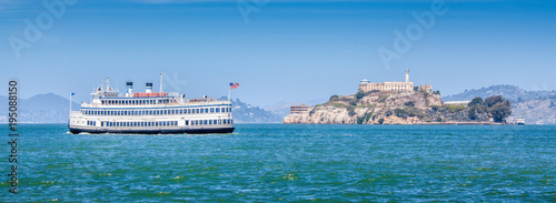 Alcatraz Island with historic excursion boat, San Francisco, California, USA