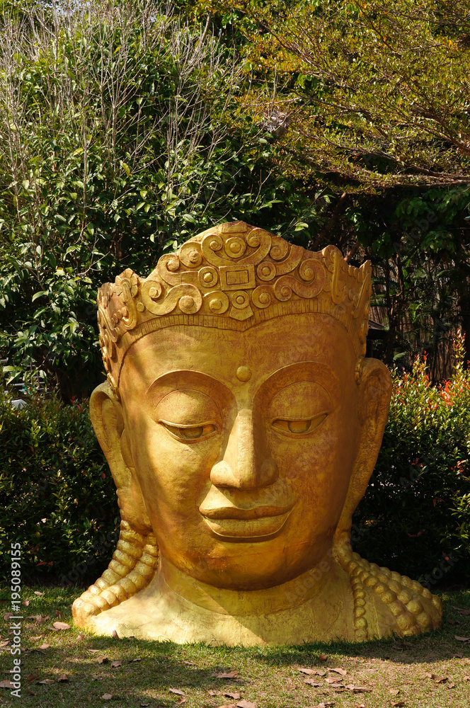 Buddha statue head in garden of a temple, Thailand.