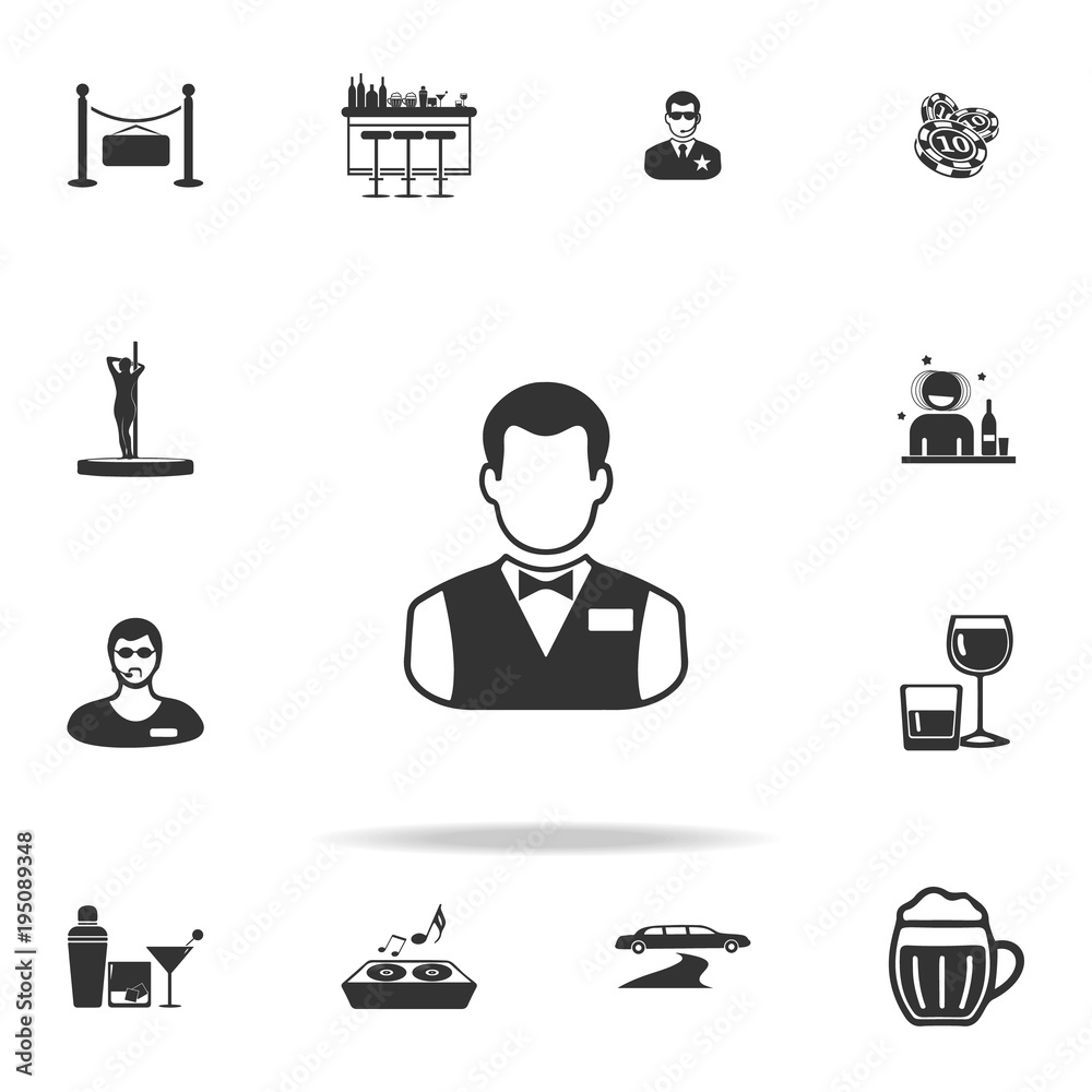 Barman icon. Detailed set of night club and disco icons. Premium quality graphic design. One of the collection icons for websites, web design, mobile app Barman icon. Detailed set of night club and disco icons. Premium quality graphic design. One of the collection icons for websites, web design, mobile app