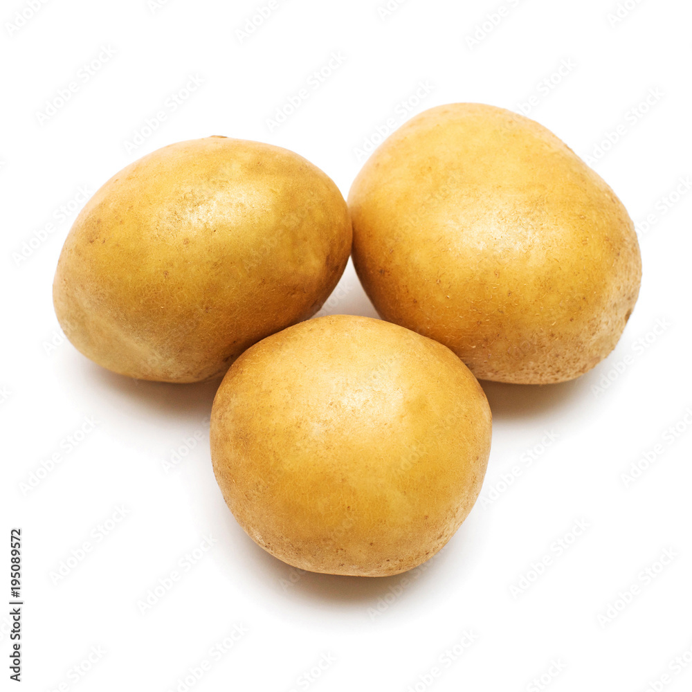 Young potatoes isolated on white background. Harvest new. Flat lay, top view Young potatoes isolated on white background. Harvest new. Flat lay, top view