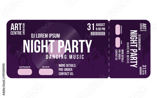 Concert ticket template. Concert, party or festival ticket design template with people crowd on background