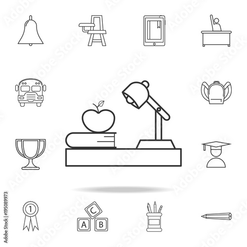 Lamp book apple on the table, workplace icon. Detailed set of education outline icons. Premium quality graphic design. One of the collection icons for websites, web design