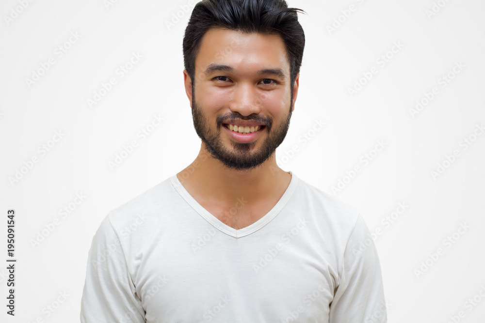 Asian handsome man with a mustache, smiling and laughing isolated on white background Asian handsome man with a mustache, smiling and laughing isolated on white background
