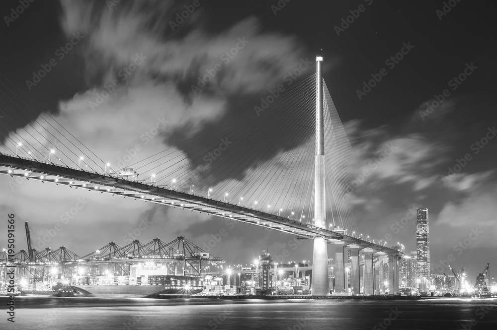 Suspension bridge and cargo port in Hong Kong city