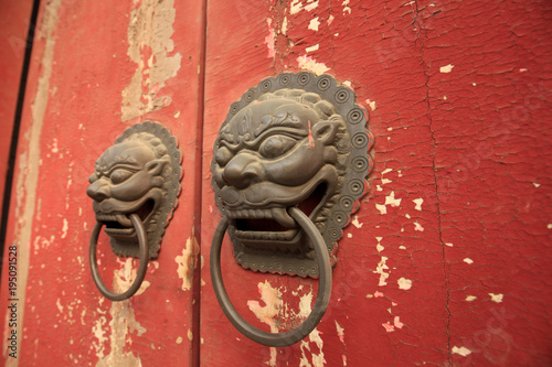 Chinese ancient wooden door and door knocker