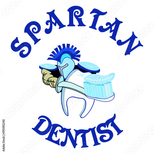 Vector illustration concept art / icon of a Spartan / gladiator / ancient warrior holding a toothbrush with toothpaste on the right hand and a teeth shape shield on the left, with SPARTAN DENTIST text