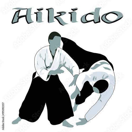 Vector illustration art of two Aikido martial art masters illustrating throwing technique, isolated on white background.