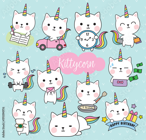 Vector illustration of cute white cat unicorn or caticorn life activity planner including working, shopping, cooking, driving, working out, etc.