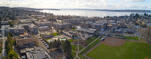 Kirkland Washington Downtown Aerial Panoramic View Looking Toward Lake Washington Seattle Skyline