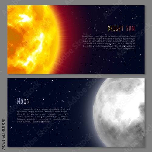 Two flayers with celestial bodies moon and sun, night background, cartoon style. Flyers and posters on space theme, design for all. Vector background on astronomical matter