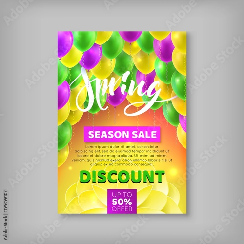Flyer, spring sale, discount percent, balloon background. Advertising banner for seasonal sell-out lasting week in yellow and green colors. Vector illustration of marketing