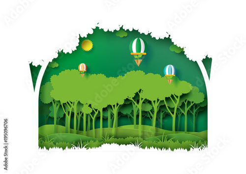 Save eth earth and nature concept paper art style design.Forest plantation with green environment and ecology conservation concept.Vector illustration.