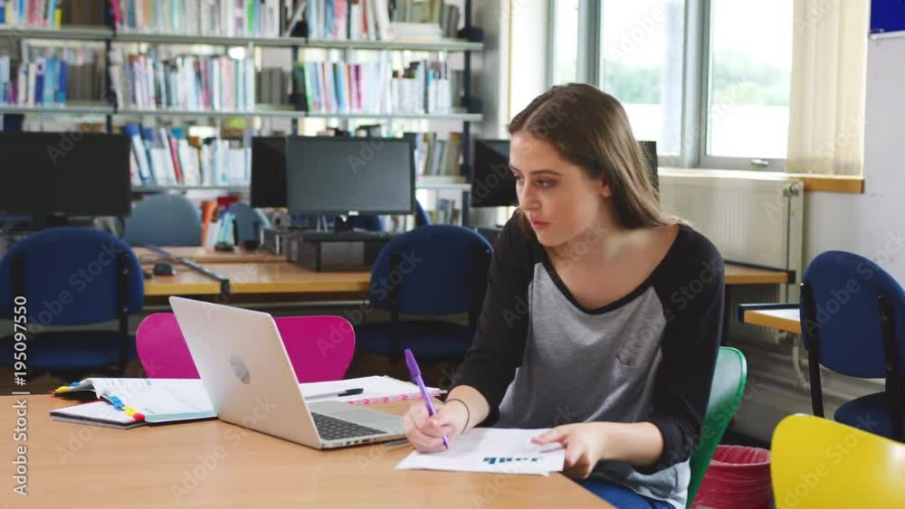 Female Student Working On Computer In College Library