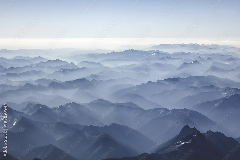 Foggy mountains from the sky