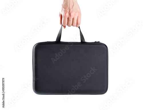Hands holding a black case. Isolated on white background
