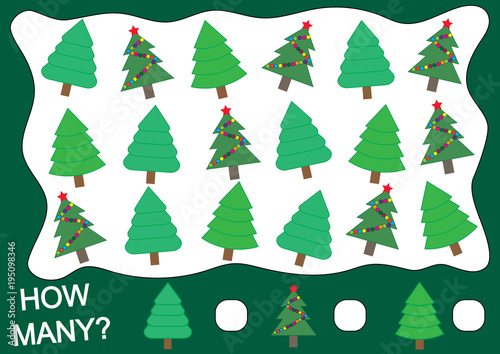 Mathematical game for children. How many Christmas tree (fir). Vector illustration.