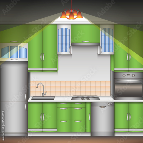 Frontal vector image kitchen in the dark with a lamp on. Green furniture with metal equipment. Design of vector illustration.