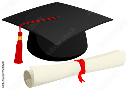 Vector illustration of a graduation cap and a rolled diploma.