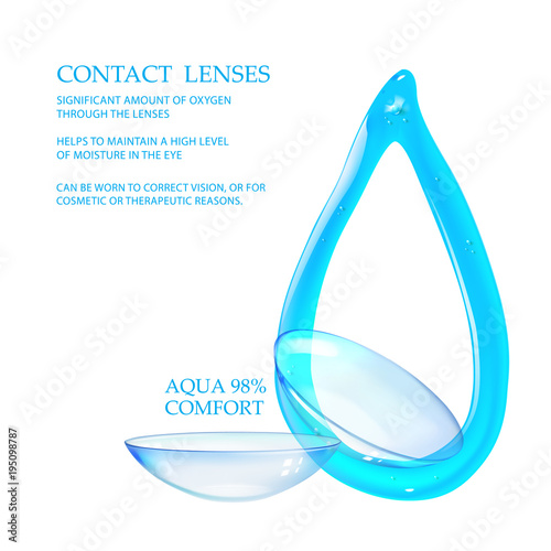 Best blue contact lenses for your eye color. Awesome Medical background. Illustration of couple transparent lens with blue water drop are isolated over white background.