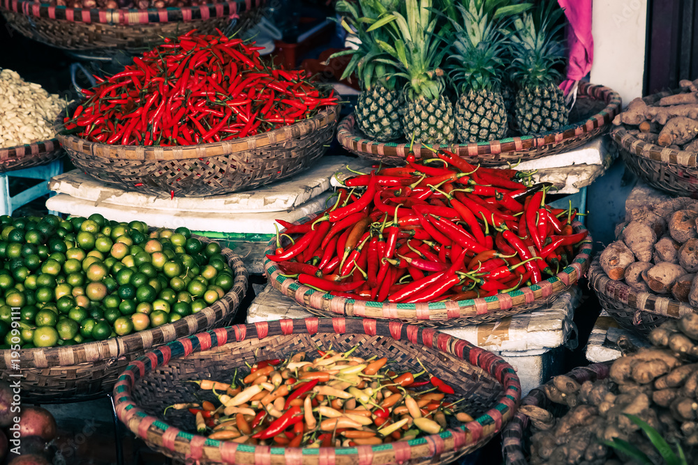 tropical spices and fruits sold at a Dong Xuan market in Hanoi (Vietnam)