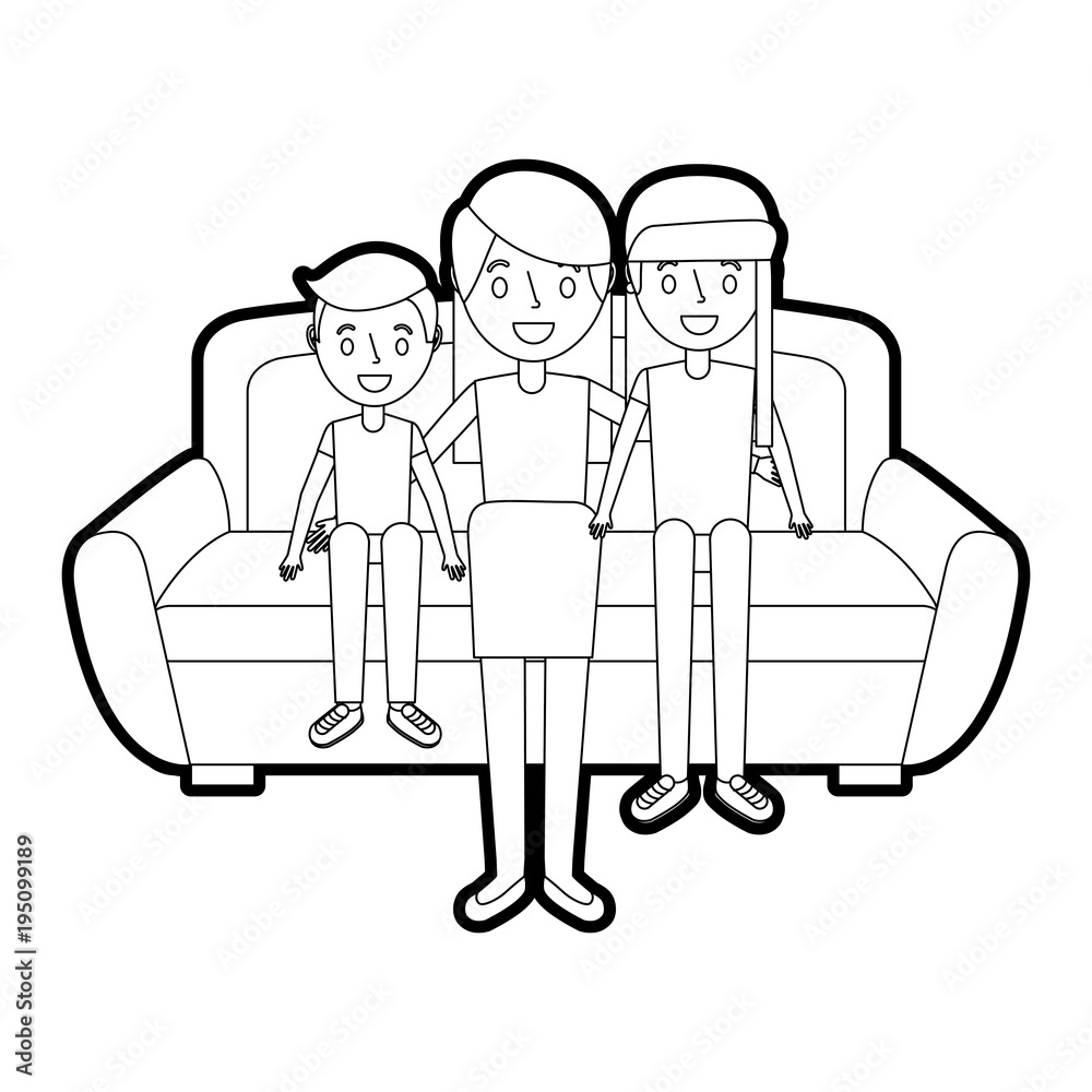 mom sitting in sofa with her daughter and son