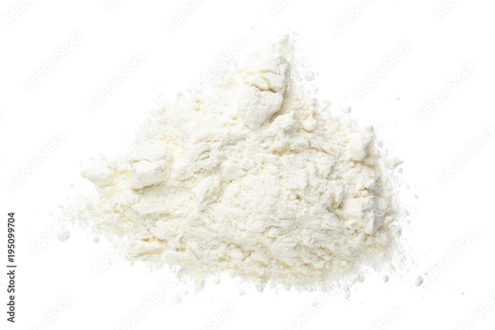 Pile of flour isolated on white background. Top view. Flat lay