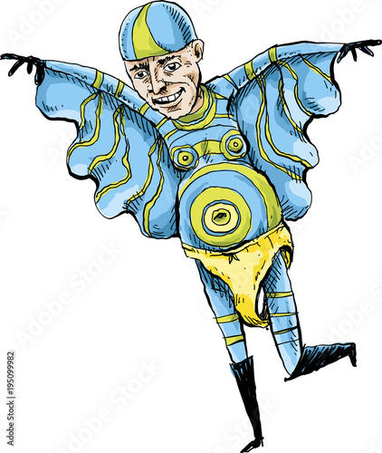 A cartoon superhero man dressed up in an unusual and awkward superhero costume.