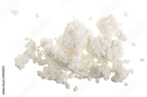 Cottage cheese isolated on white background. Top view. Flat lay
