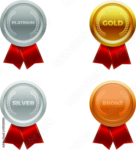 Quality medals, platinum, gold, silver and bronze