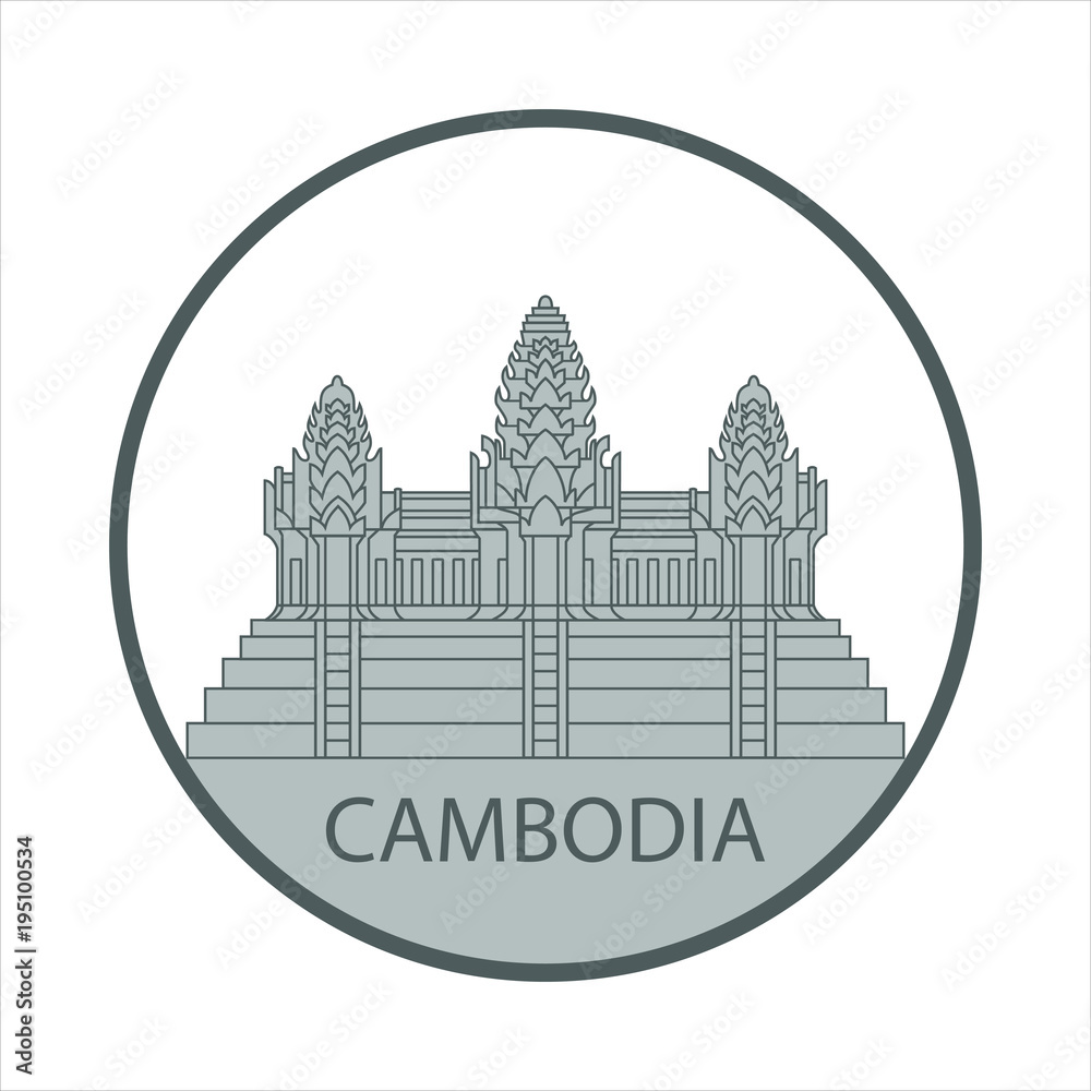 Symbol or sign Cambodia. Stamp with temple Angkor Wat isolated on white background. Vector illustration
