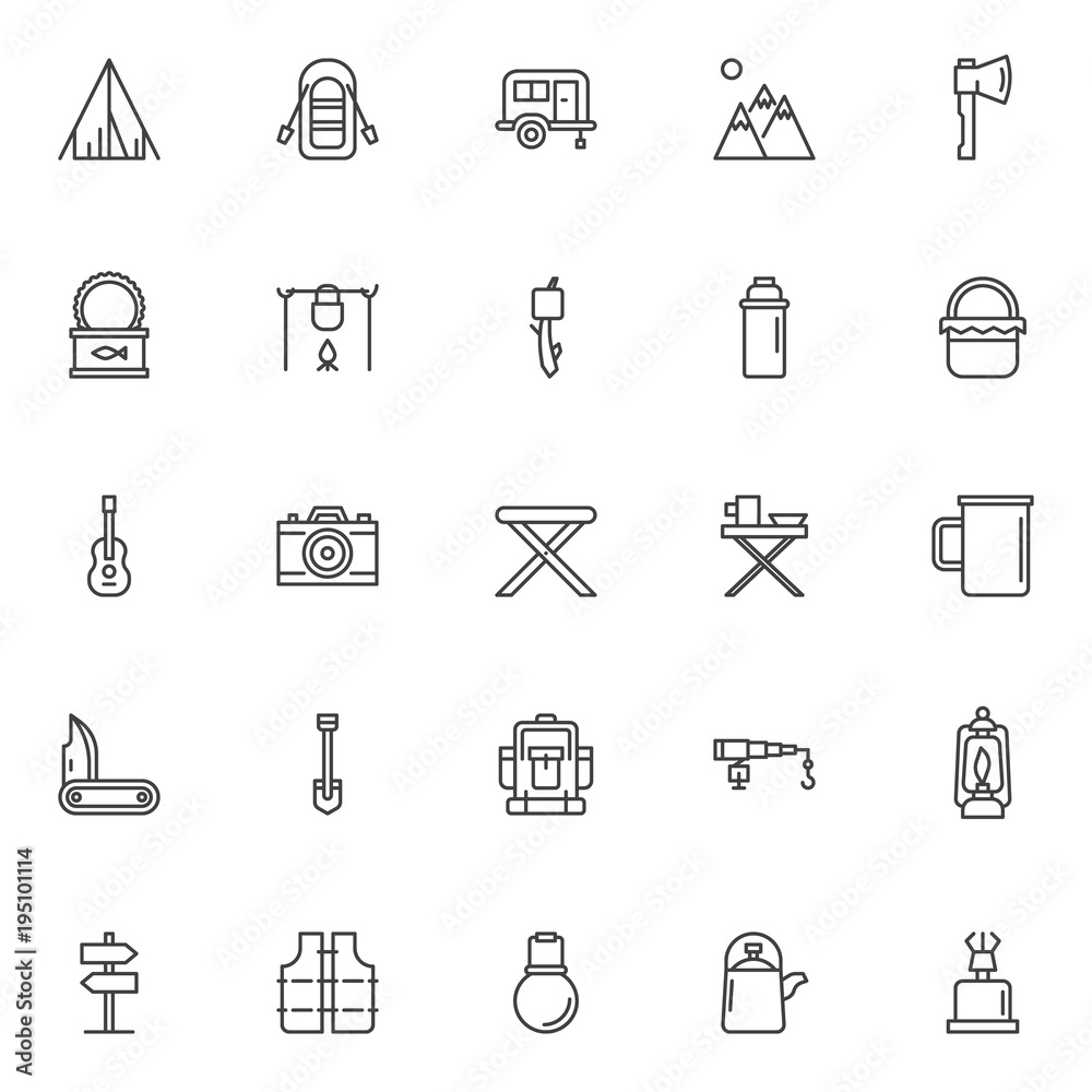 Camping elements outline icons set. linear style symbols collection, line signs pack. vector graphics. Set includes icons as tent, Inflatable boat with oars, camping trailer, axe Camping elements outline icons set. linear style symbols collection, line signs pack. vector graphics. Set includes icons as tent, Inflatable boat with oars, camping trailer, axe