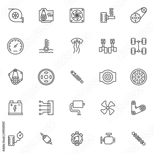 Car engine elements outline icons set. linear style symbols collection, line signs pack. vector graphics. Set includes icons as turbine, Radiator fan, suspension, belt, Speedometer, Shock absorber