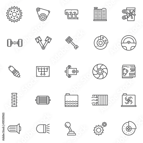 Car Engine outline icons set. linear style symbols collection, line signs pack. vector graphics. Set includes icons as Gear, Belt drive, Car exhaust manifold, radiator