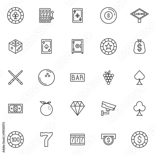 Casino outline icons set. linear style symbols collection, line signs pack. vector graphics. Set includes icons as Clover chip, Slot machine with sevens, Pool ball, Dice, Diamond, money