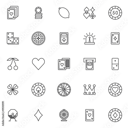 Gambling casino elements outline icons set. linear style symbols collection, line signs pack. vector graphics. Set includes icons as Playing cards, token, gaming chips, Dominoes, roulette game