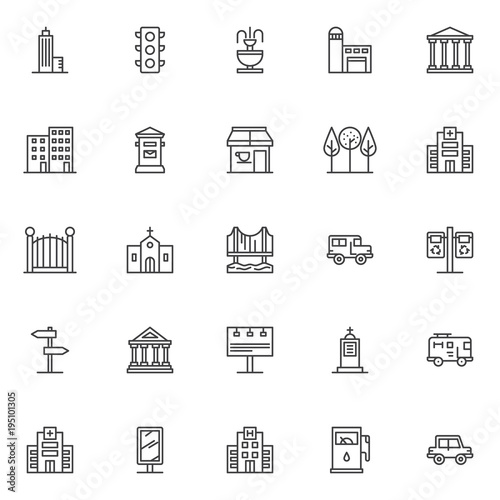 City buildings outline icons set. linear style symbols collection, line signs pack. vector graphics. Set includes icons as Skyscraper, Traffic light, Fountain, Fire station, Court house, Hospital
