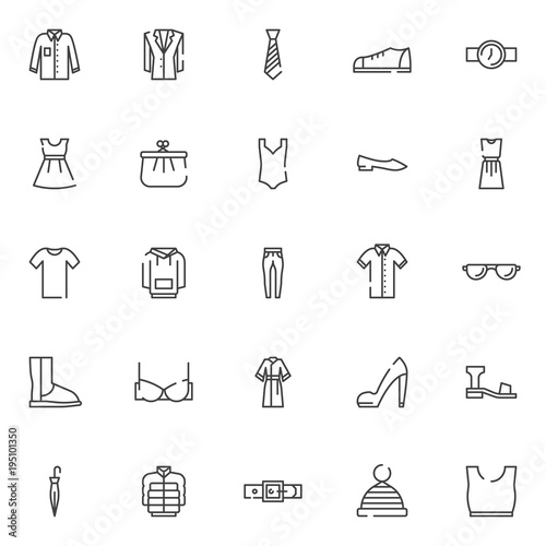 Clothing outline icons set. linear style symbols collection, line signs pack. vector graphics. Set includes icons as shirt, jacket, necktie, shoes, hand watch, dress,purse, Woman underwear Umbrella