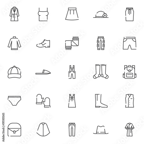 Clothing elements outline icons set. linear style symbols collection, line signs pack. vector graphics. Set includes icons as Fashionable coat, Women shirt, Hat pamela, blouse, Sweater, Scarf, Shoes