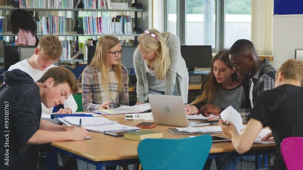 Female Teacher Working With College Students In Library