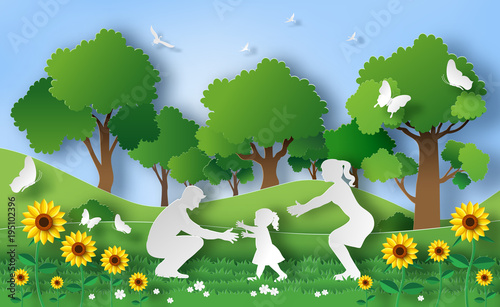 Paper art style of family enjoy fresh air in the park with baby to make first steps on grass, eco green city, flat-style vector illustration.