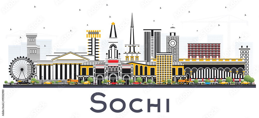 Fototapeta premium Sochi Russia City Skyline with Color Buildings Isolated on White.