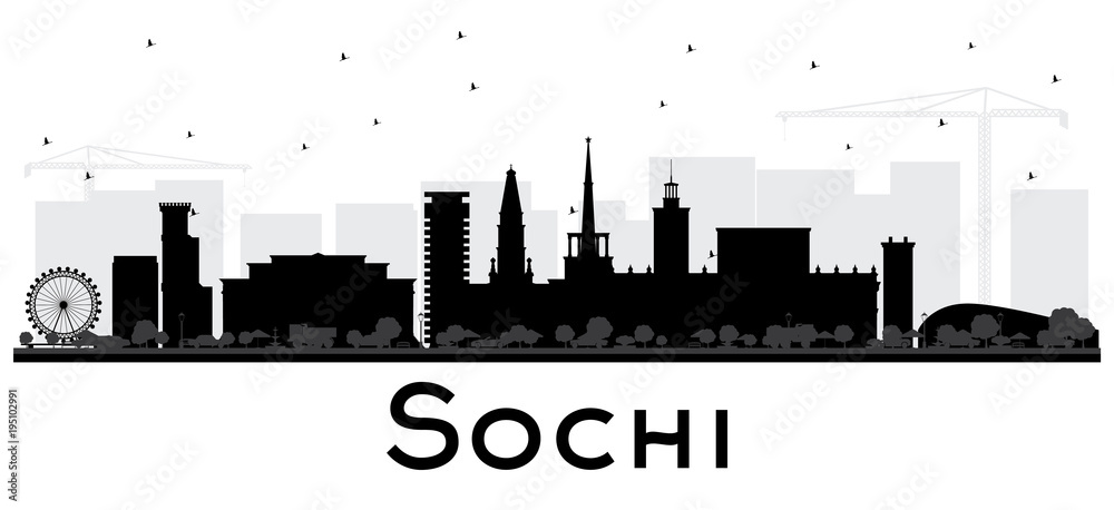 Sochi Russia City Skyline Silhouette with Black Buildings Isolated on White.