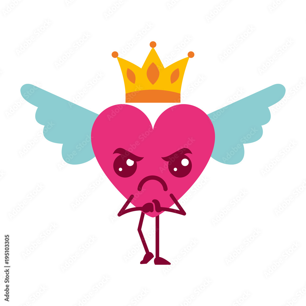 cartoon heart in love angry kawaii wings and crown