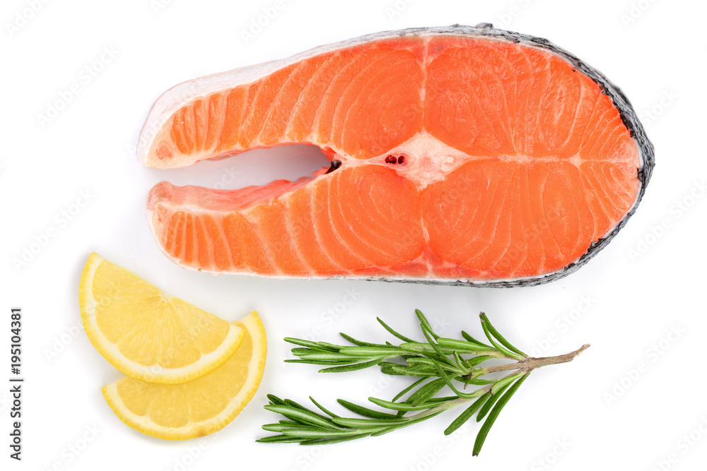 Slice of red fish salmon with lemon and rosemary isolated on white background. Top view. Flat lay Slice of red fish salmon with lemon and rosemary isolated on white background. Top view. Flat lay