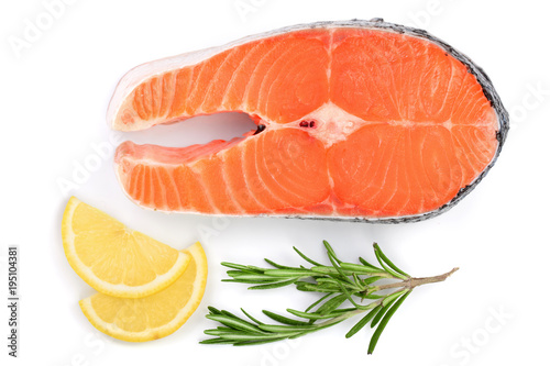 Slice of red fish salmon with lemon and rosemary isolated on white background. Top view. Flat lay