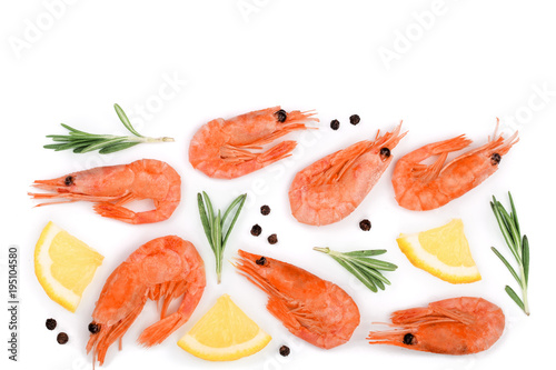 Red prawn or shrimp with rosemary and lemon isolated on white background with copy space for your text. Top view