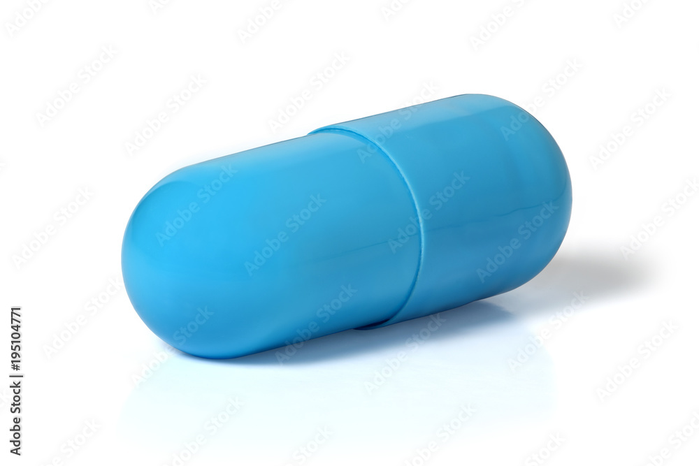 Blue capsule with medicine on a white background